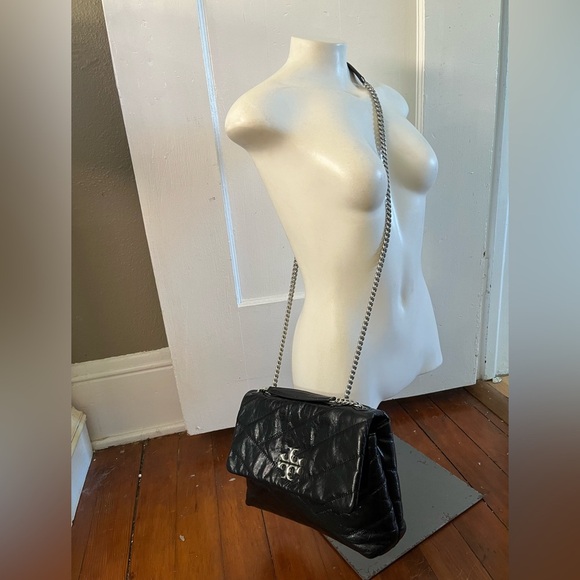 Tory Burch Kira Black Glazed Leather Shoulder Bag Quilted Chain Strap - Picture 14 of 17